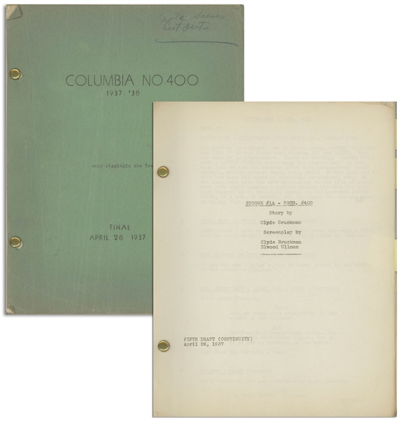 Moe Howard's 32pp. Script Dated April 1937 for The Three Stooges Film ''Cash and Carry'', With Different Working Title -- Annotations in Moe's Hand & 2 Additional Pages of Script Changes -- Very Good